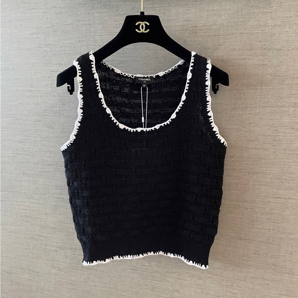 Chanel Black Knit Tank Top with White Crochet Trim